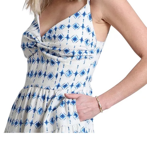 NWT Avec Les Filles White and Blue Ruffled Tiered Mini Dress - Picture 3 of 6